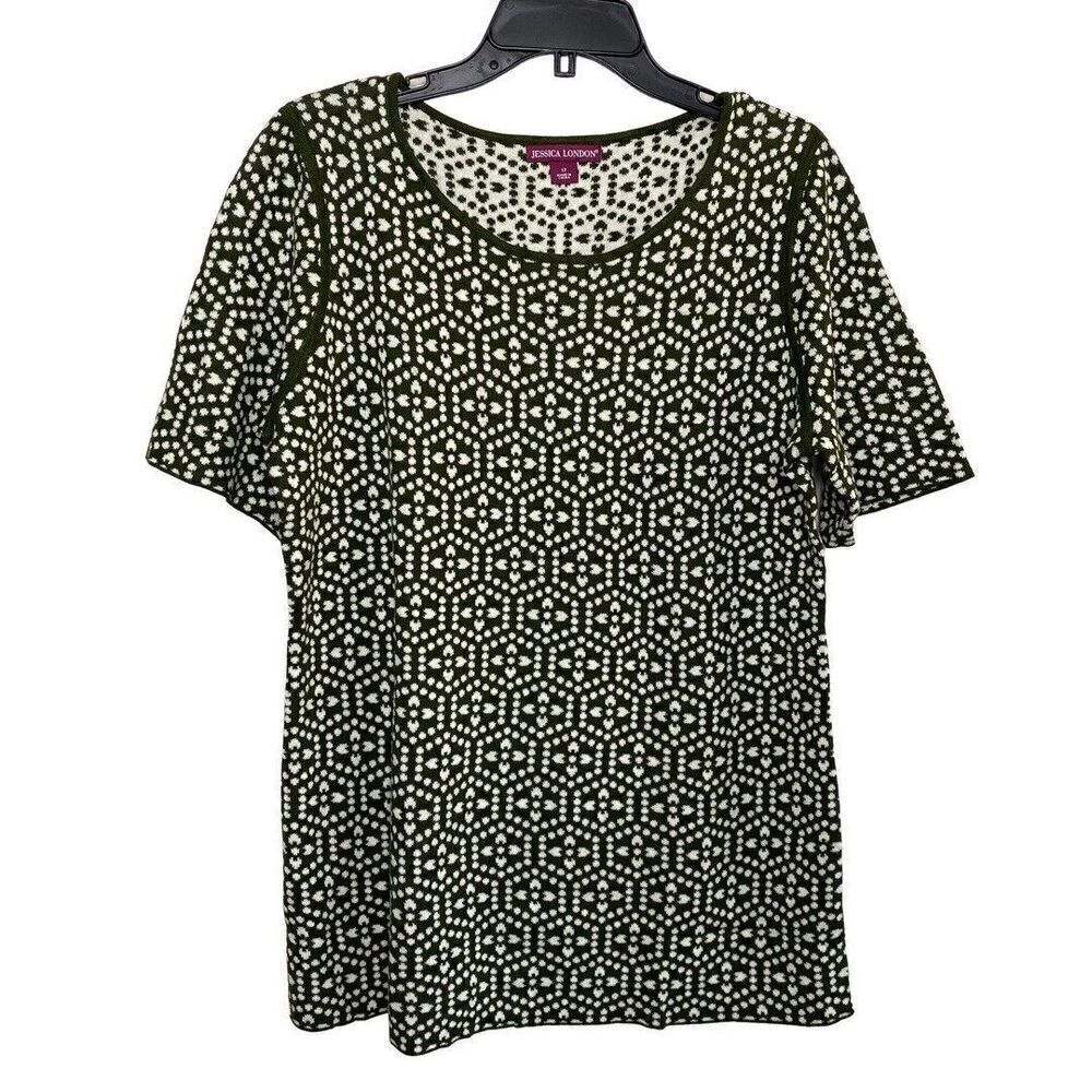 JESSICA LONDON Sweater Womens 12 Olive Green Print Short Sleeve Knit NEW